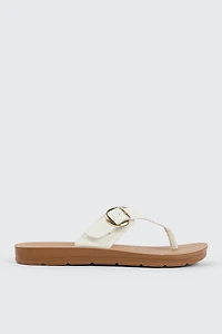 Ardene Flat Sandals with Chunky Buckle in White | Size | Faux Leather | Eco-Conscious