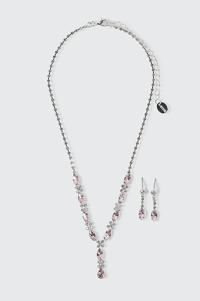 Ardene Pink Stone Y Necklace & Earring Set in Silver | Stainless Steel