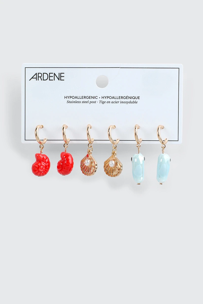 3 paires d'anneaux à coquillages et poissons