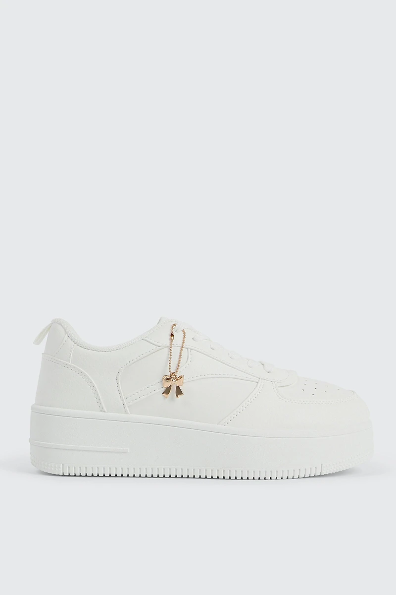 Ardene Thick Sole Court Sneakers with Charm in White | Size