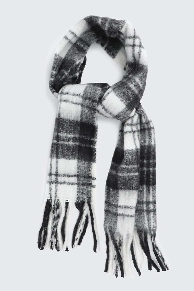 Ardene Rectangular Plaid Scarf with Fringes in Black | Polyester
