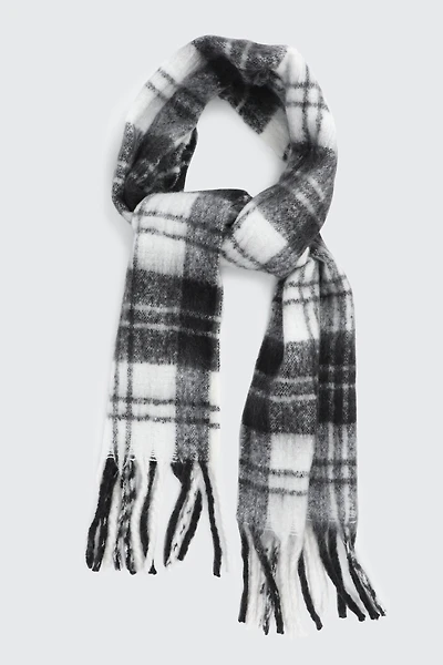 Ardene Rectangular Plaid Scarf with Fringes in Black | Polyester