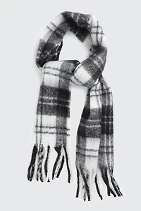 Ardene Rectangular Plaid Scarf with Fringes in Black | Polyester