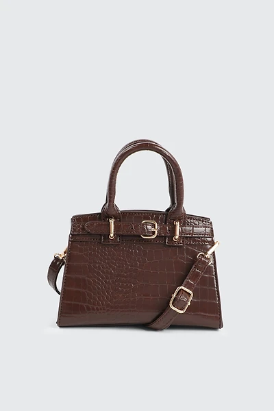 Ardene Small Tote Bag with Buckle detail in Brown | 100% Recycled Polyester/Faux Leather | Eco-Conscious