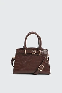 Ardene Small Tote Bag with Buckle detail in Brown | 100% Recycled Polyester/Faux Leather | Eco-Conscious