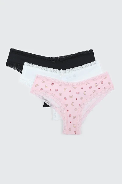 Ardene 3-Pack Lace Trim Cheeky Panty Panties | Size | Polyester/Elastane | Microfiber