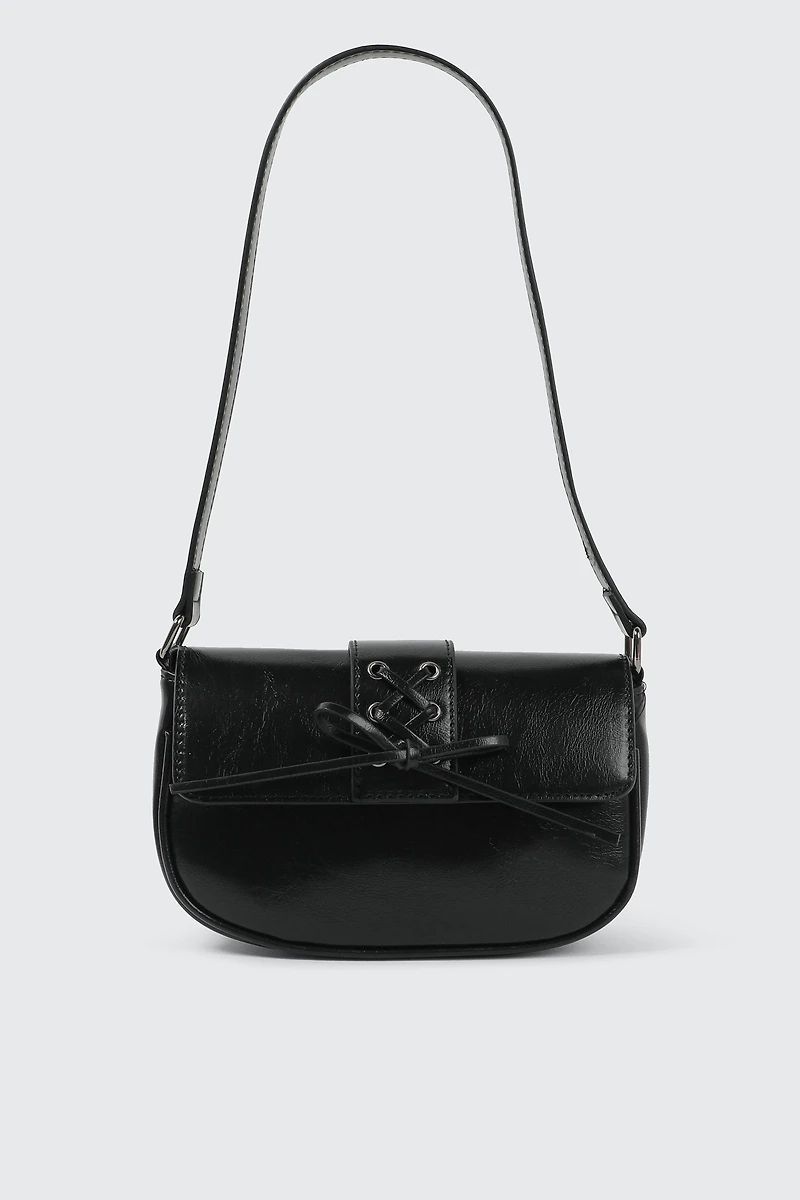 Ardene Shoulder Bag with Lace Up Detail in Black | 100% Recycled Polyester/Faux Leather | Eco-Conscious