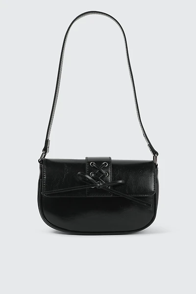 Ardene Shoulder Bag with Lace Up Detail in Black | 100% Recycled Polyester/Faux Leather | Eco-Conscious