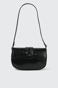 Ardene Shoulder Bag with Lace Up Detail in Black | 100% Recycled Polyester/Faux Leather | Eco-Conscious