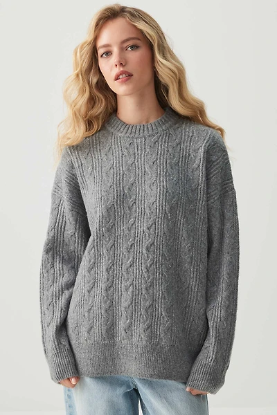 Ardene Oversized Cable Knit Sweater in Grey | Size | Polyester | Eco-Conscious