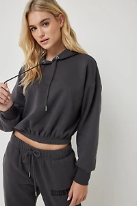 Ardene Destination Crop Hoodie in Grey | Size Medium | Polyester/Cotton | Fleece-Lined