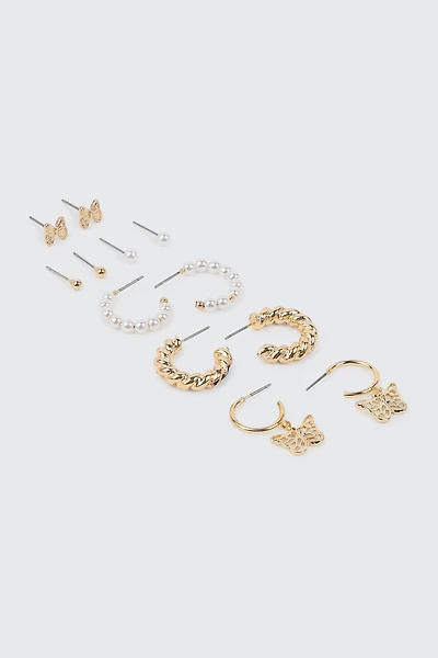 Ardene 6-Pack Pearl & Butterfly Earrings in Gold | Stainless Steel