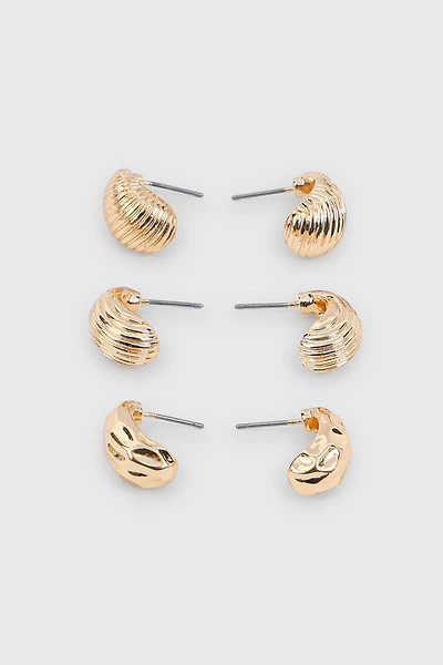 Ardene 3-Pack Textured Hoop Earrings in Gold | Stainless Steel