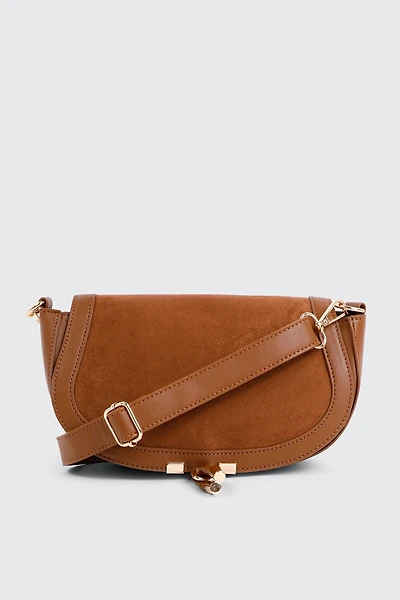 Ardene Faux Suede Flap Saddlebag in Cognac | Faux Leather/Polyester/Faux Suede