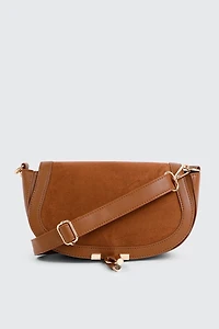 Ardene Faux Suede Flap Saddlebag in Cognac | Faux Leather/Polyester/Faux Suede