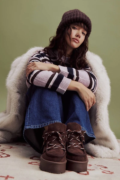 Ardene Lace Up Faux Sheepskin Platform Boots in Brown | Size | Faux Suede