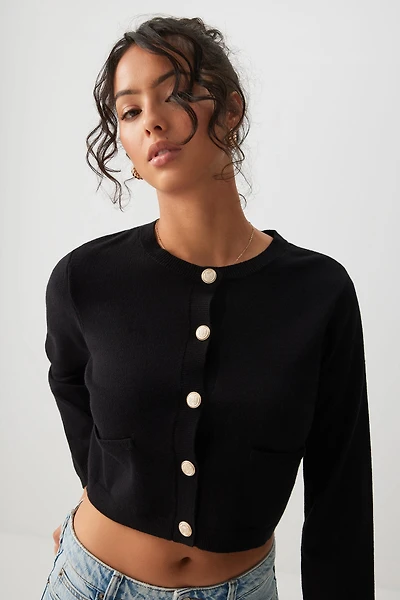 Ardene Crop Cardigan with Gold Buttons in | Size | Polyester/Nylon/Viscose