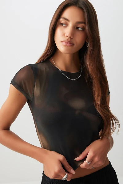 Ardene Ruched Side Mesh T-Shirt in Brown | Size | Polyester/Elastane