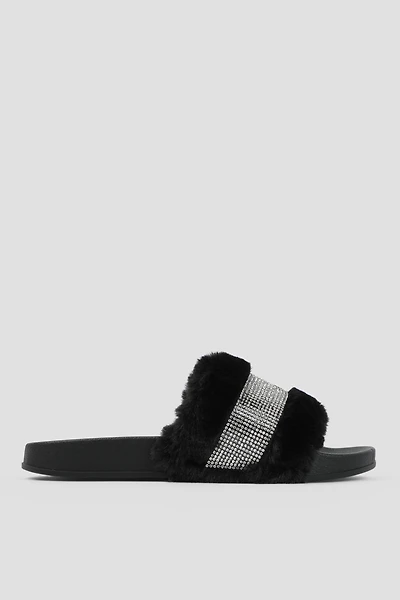 Ardene Embellished Faux Fur Slides in Black | Size