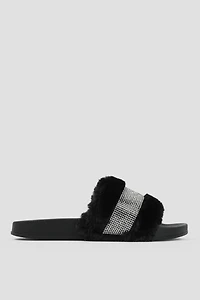 Ardene Embellished Faux Fur Slides in Black | Size