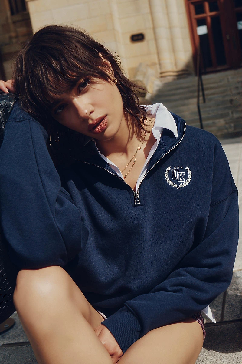Ardene Oversized 1/4 Zip Sweatshirt in Dark Blue | Size | Polyester/Cotton | Fleece-Lined