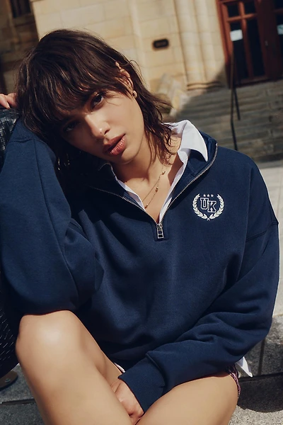 Ardene Oversized 1/4 Zip Sweatshirt in Dark Blue | Size | Polyester/Cotton | Fleece-Lined