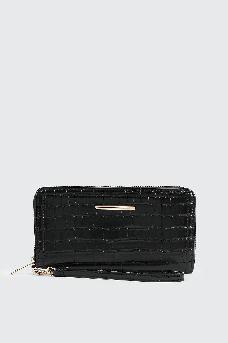 Ardene Croc Embossed Accordion Wallet in Black | 100% Recycled Polyester/Faux Leather | Eco-Conscious