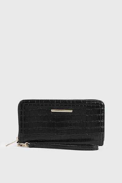 Ardene Croc Embossed Accordion Wallet in Black | 100% Recycled Polyester/Faux Leather | Eco-Conscious