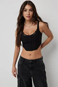 Ardene Hook And Eye Corset with Lace Detail in Black | Size Medium | Polyester/Nylon/Elastane