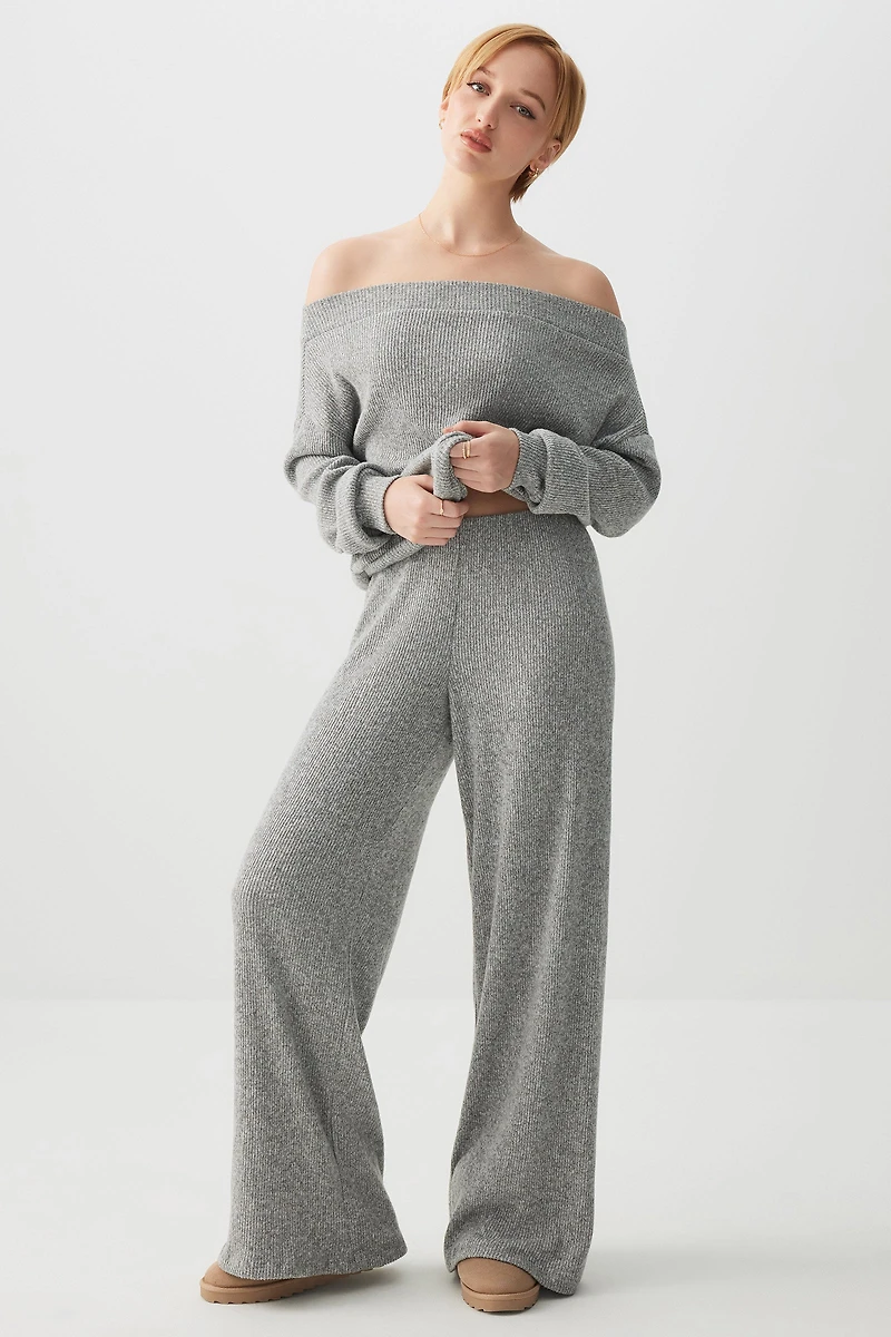 Ardene Brushed Knit Flare Pants in Grey | Size Small | Polyester/Elastane