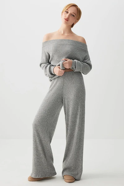 Ardene Brushed Knit Flare Pants in Grey | Size Small | Polyester/Elastane