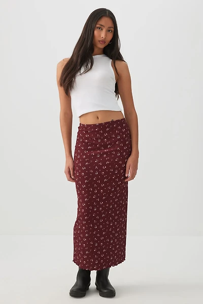 Ardene Floral Lettuce Hem Midi Skirt in Burgundy | Size | Polyester/Spandex