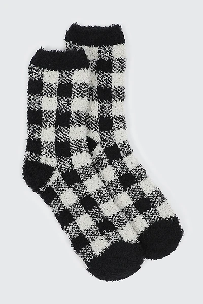 Ardene Checkerboard Cozy Socks in Black | Polyester/Spandex