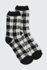 Ardene Checkerboard Cozy Socks in Black | Polyester/Spandex