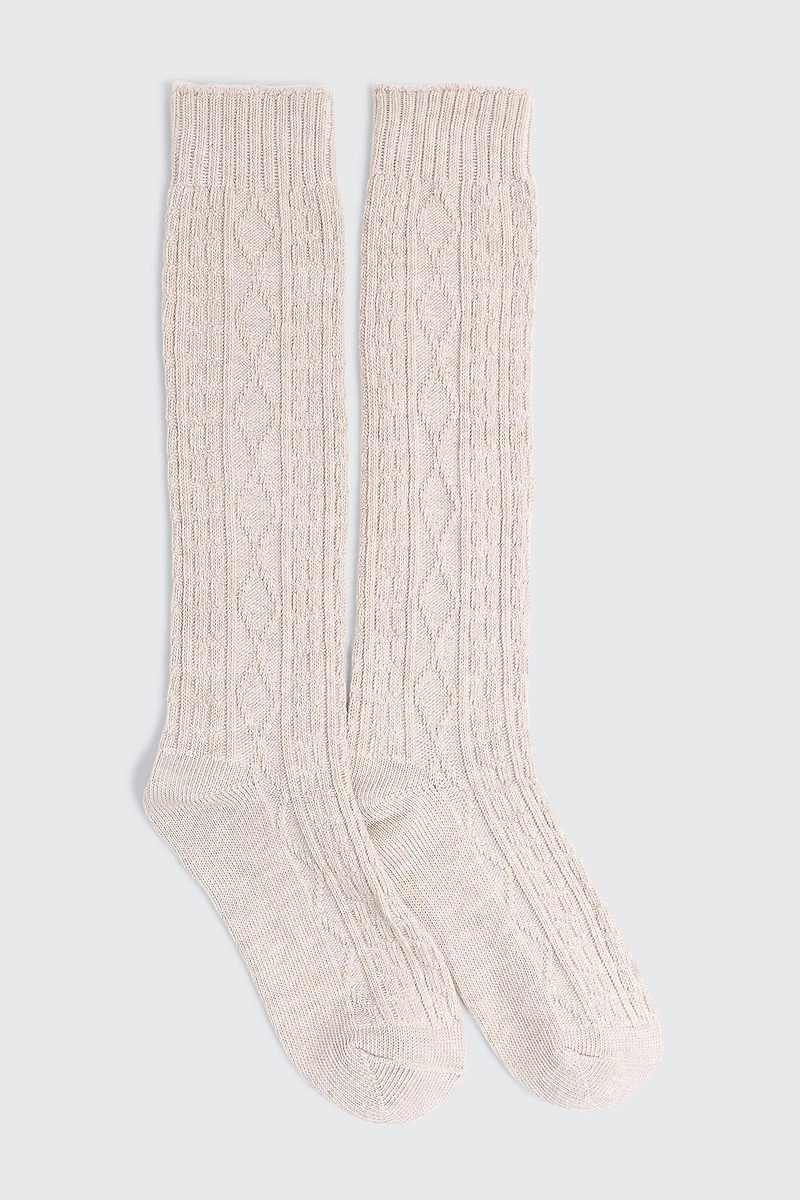 Ardene Knee High Cable Knit Socks in Beige | Polyester/Spandex