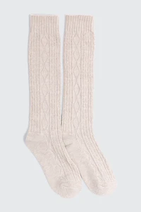 Ardene Knee High Cable Knit Socks in Beige | Polyester/Spandex
