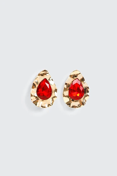 Ardene Red Stone Teardrop Earrings in Gold | Stainless Steel