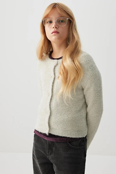 Ardene Kids Shiny Fuzzy Cardigan in Light Grey | Size Small | Polyester/Nylon