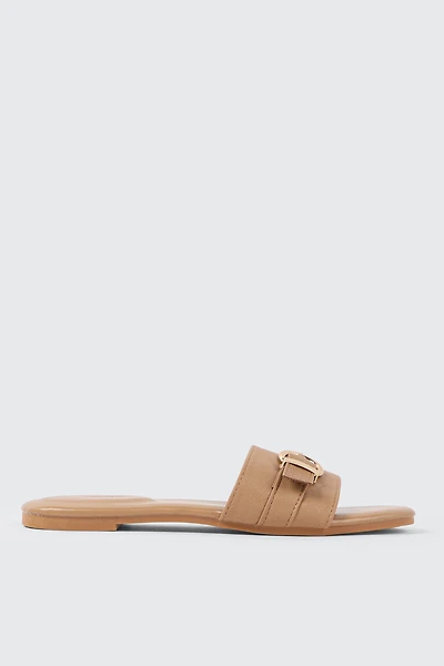 Ardene Flat Sandals with Buckle Detail in Beige | Size 9 | Faux Leather | Eco-Conscious
