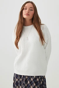 Ardene Long Cable Knit Crew Neck Sweater in White | Size | Polyester/Nylon