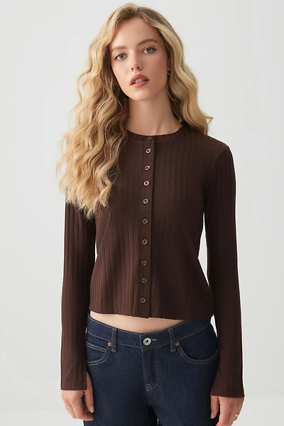 Ardene Rib Crew Neck Cardigan in Brown | Size | Polyester/Elastane