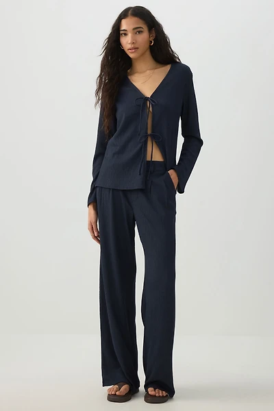 Ardene Seersucker Tie Front Cardigan in Dark Blue | Size