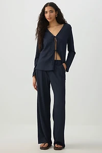 Ardene Seersucker Tie Front Cardigan in Dark Blue | Size