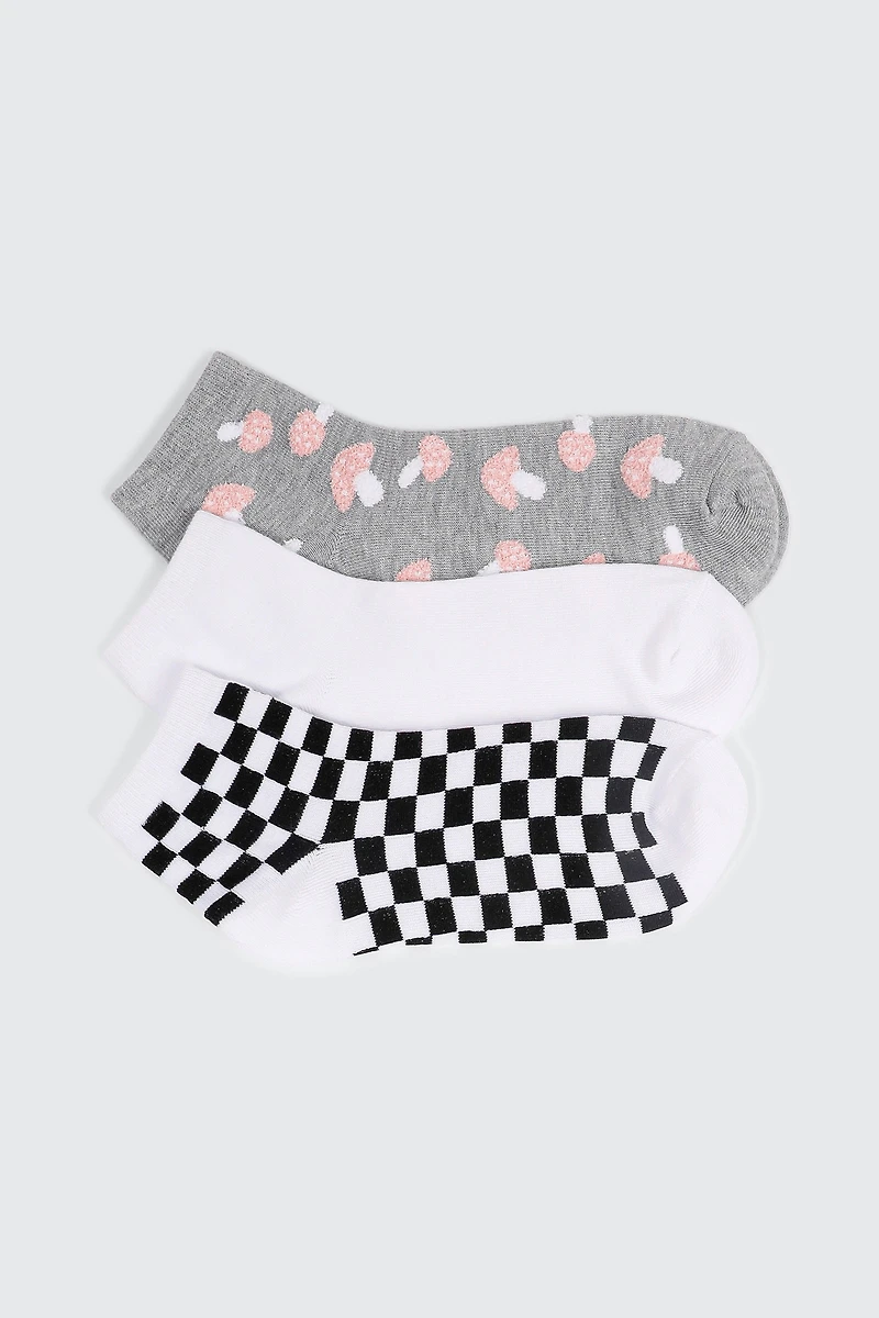 Ardene 3-Pack Checker & Mushroom Demi Crew Socks | Polyester/Spandex