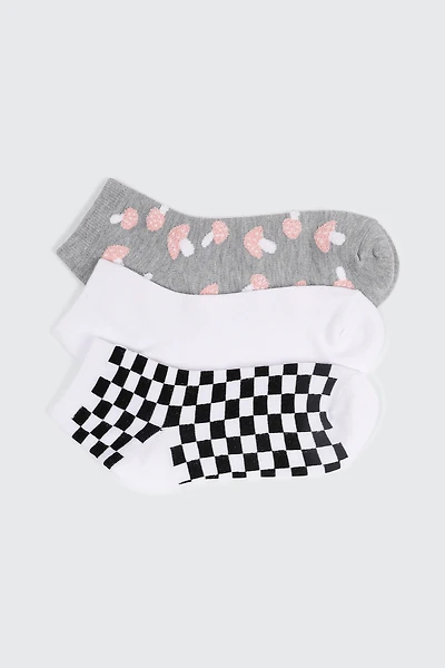 Ardene 3-Pack Checker & Mushroom Demi Crew Socks | Polyester/Spandex