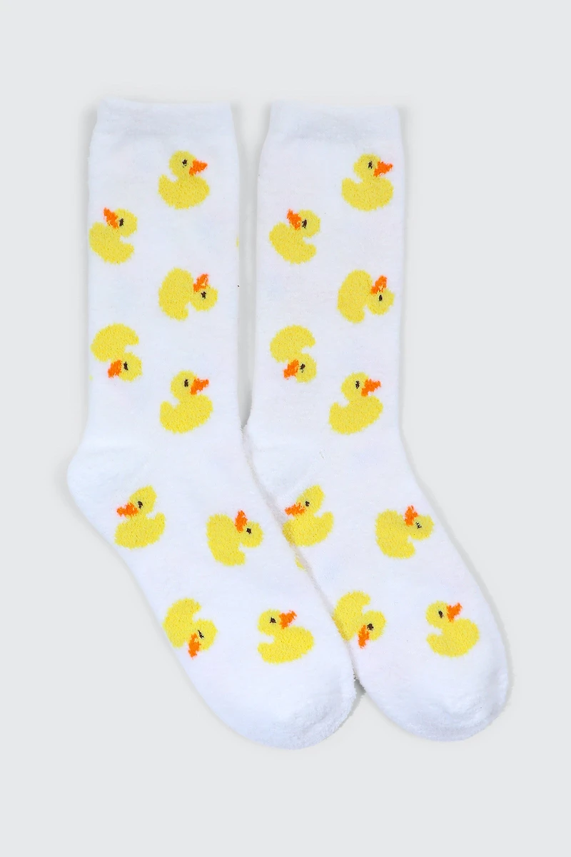 Ardene Yellow Duck Print Cozy Socks | Polyester/Spandex