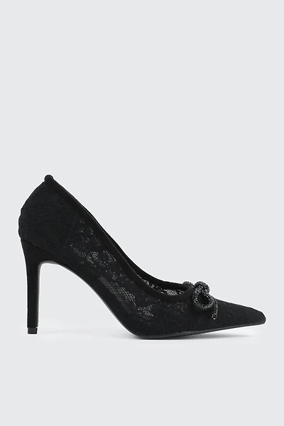 Ardene Rhinestone Bow Pumps in Black | Size | Faux Leather