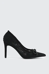 Ardene Rhinestone Bow Pumps in Black | Size | Faux Leather