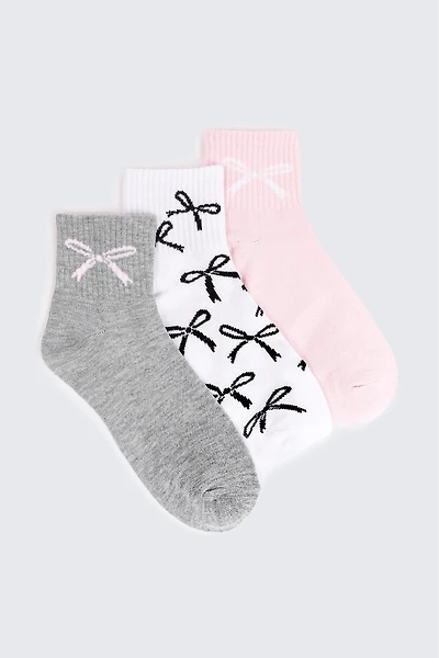 Ardene 3-Pack Bow Demi Crew Socks in Light Pink | Polyester/Spandex