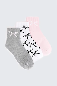 Ardene 3-Pack Bow Demi Crew Socks in Light Pink | Polyester/Spandex